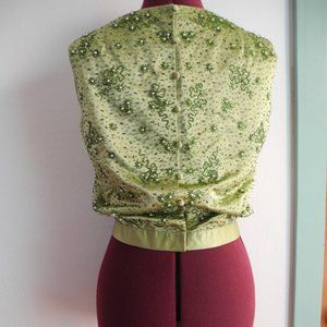 Vintage 50s Sage Satin Beaded Bubble Top Blouse